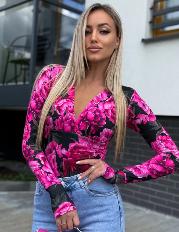 V-neck blouse – black with pink flowers